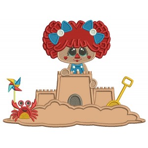 Little Girl Playing Building a Sand Castle With a Crab Applique Machine Embroidery Design Digitized Pattern